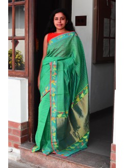 Green, Handwoven Organic Cotton, Textured Weave , Jacquard, Festive Wear, Jari Saree